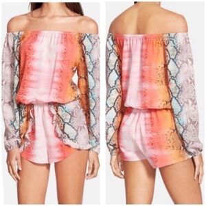 Lovers + Friends Carmella Off Shoulder Shorts Romper Snake Skin Print